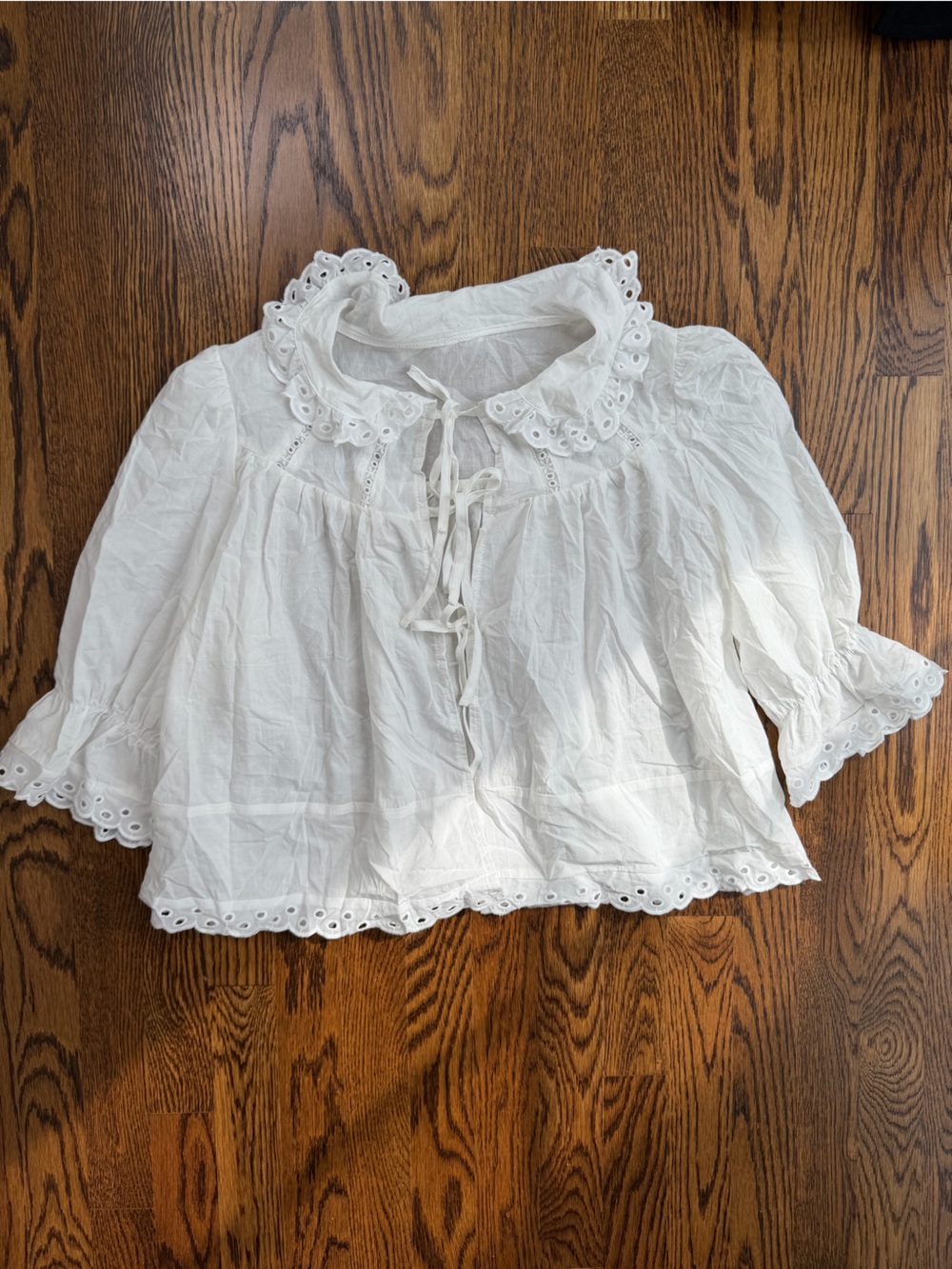 Women's White Eyelet Cottagecore Dainty Cotton Ruffle Tie-Front Blouse